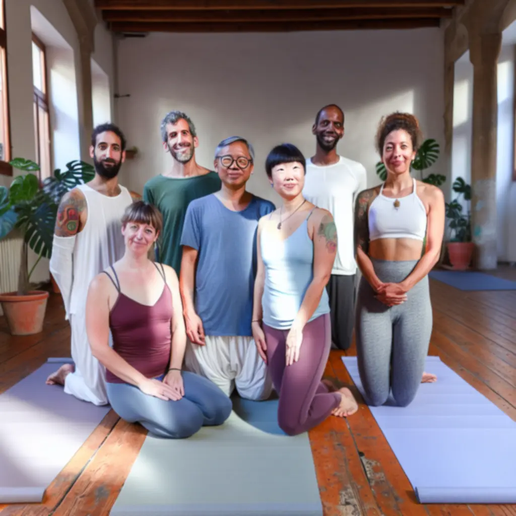 Groepsportret van yoga-instructeurs in een rustige studio-ruimte