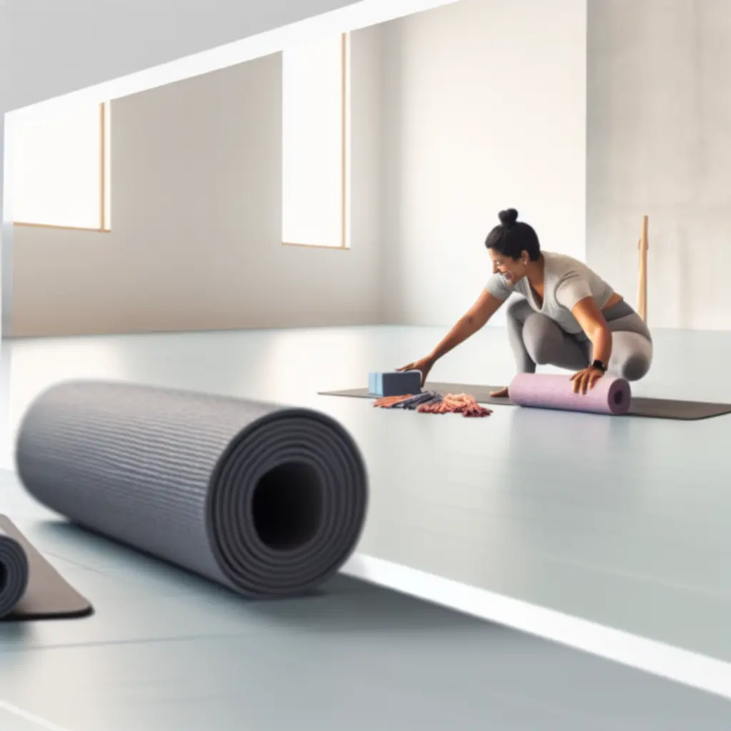 Yoga-instructeur die rustig een les in een studio voorbereidt