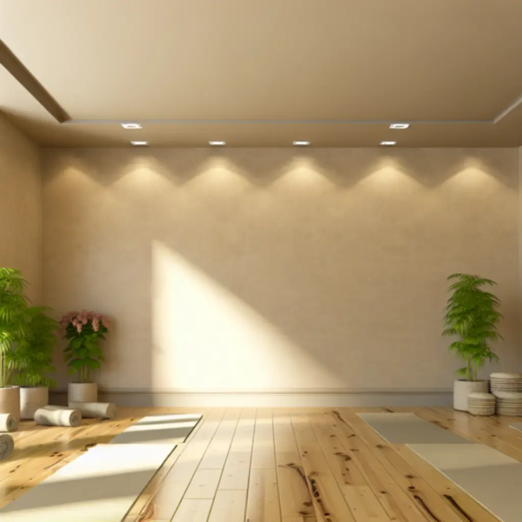 Een serene yogastudio met zachte kleuren en natuurlijke materialen bij Zen Ruimte Flow.