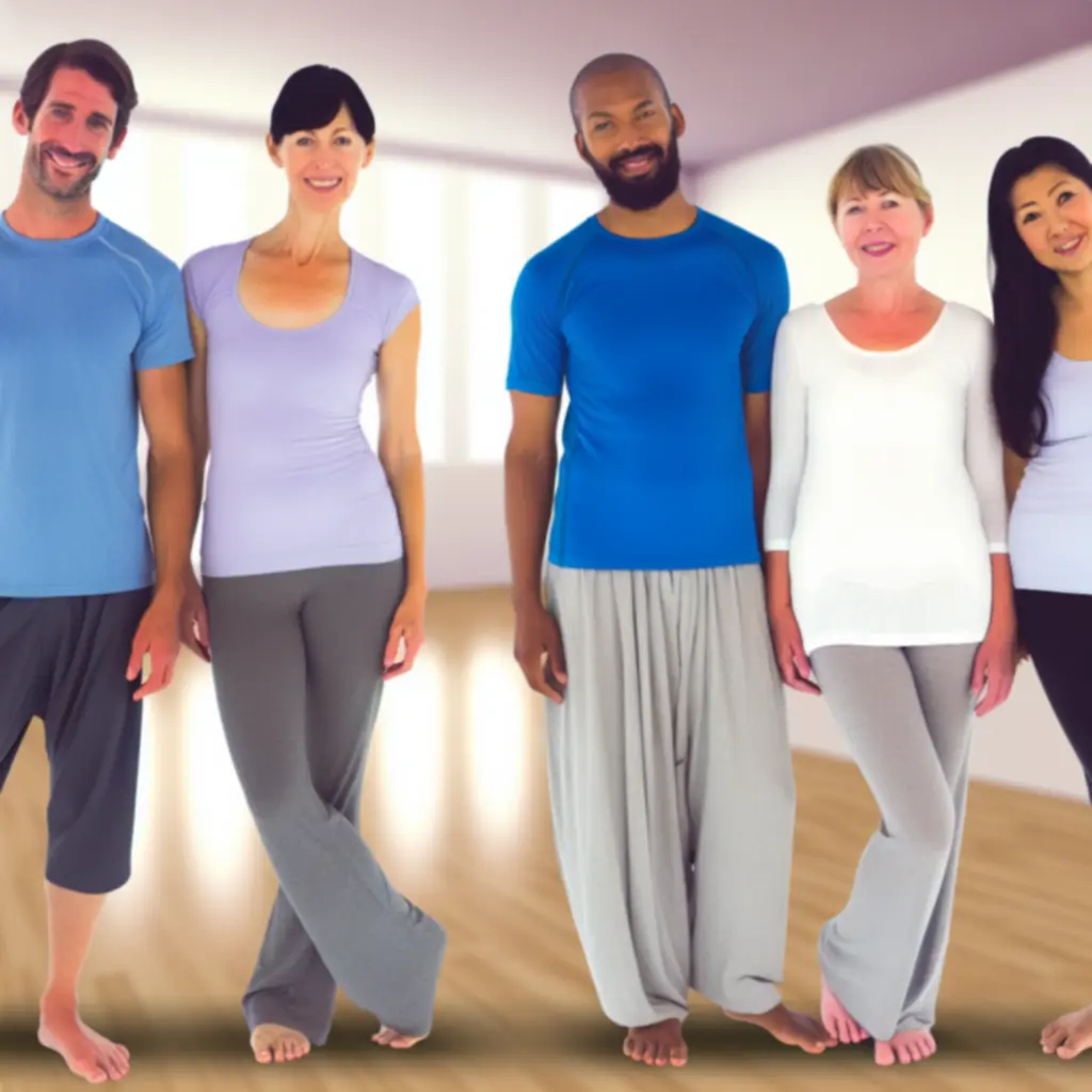 Groep van vriendelijke yoga-instructeurs van Zen Ruimte Flow in een rustige studio-omgeving.