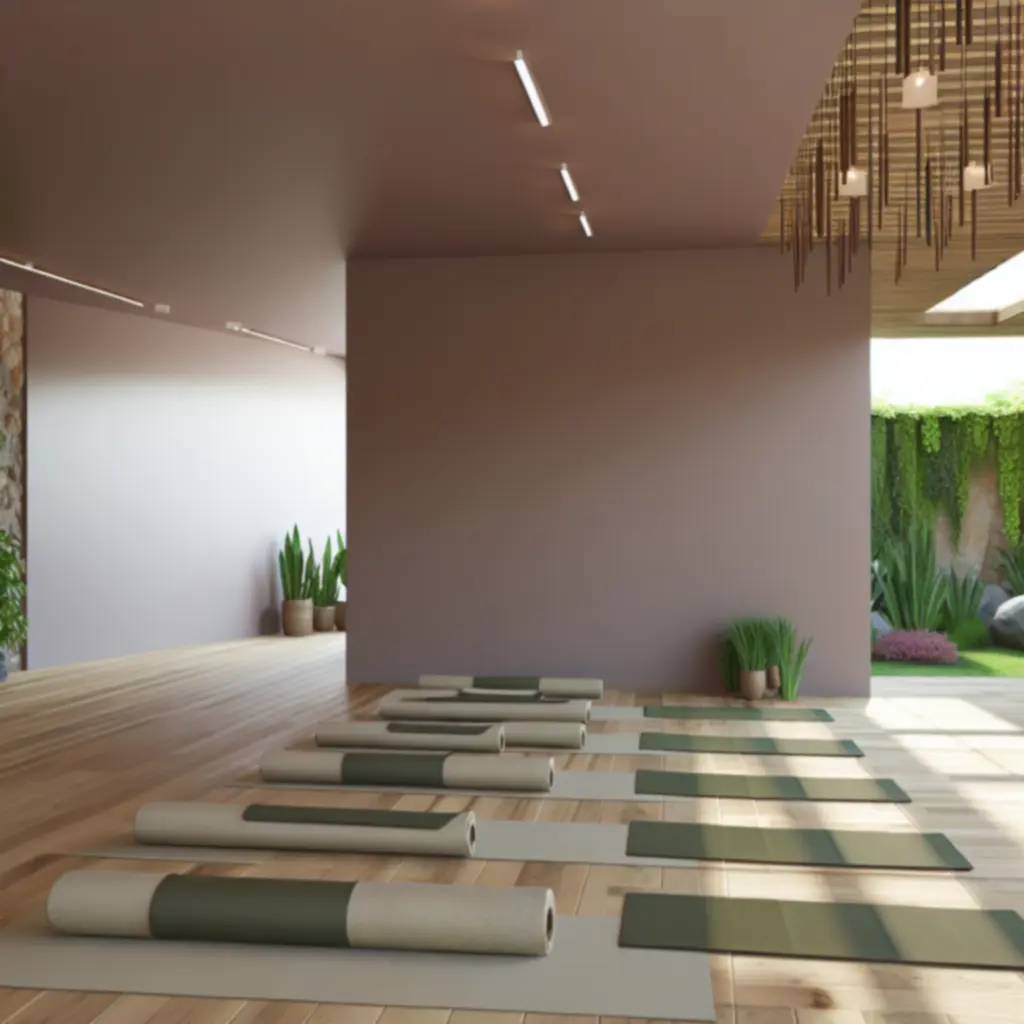 Rustige yogaruimte met zachte kleuren en natuurlijke materialen