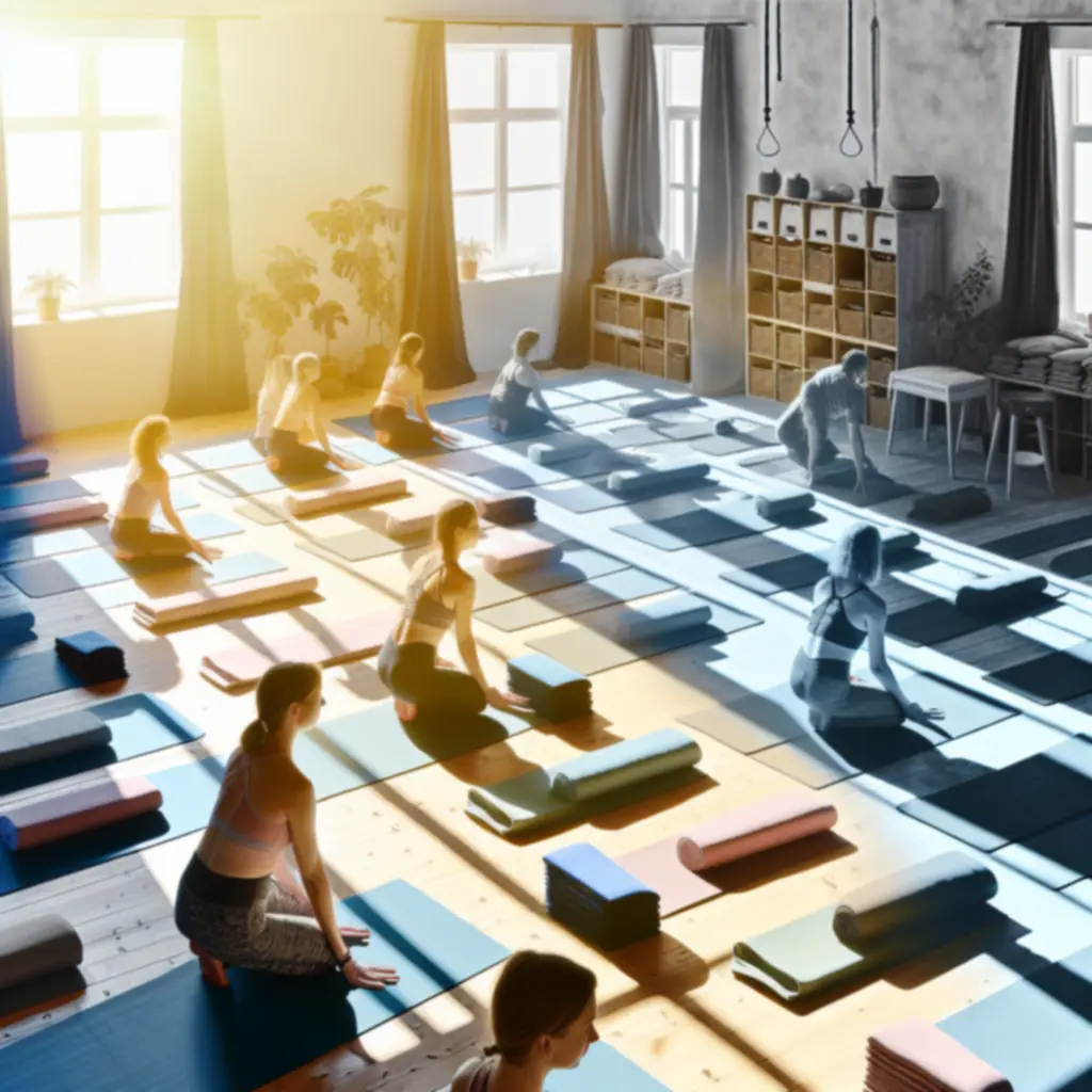 Lichte studio ingericht voor een yogaworkshop