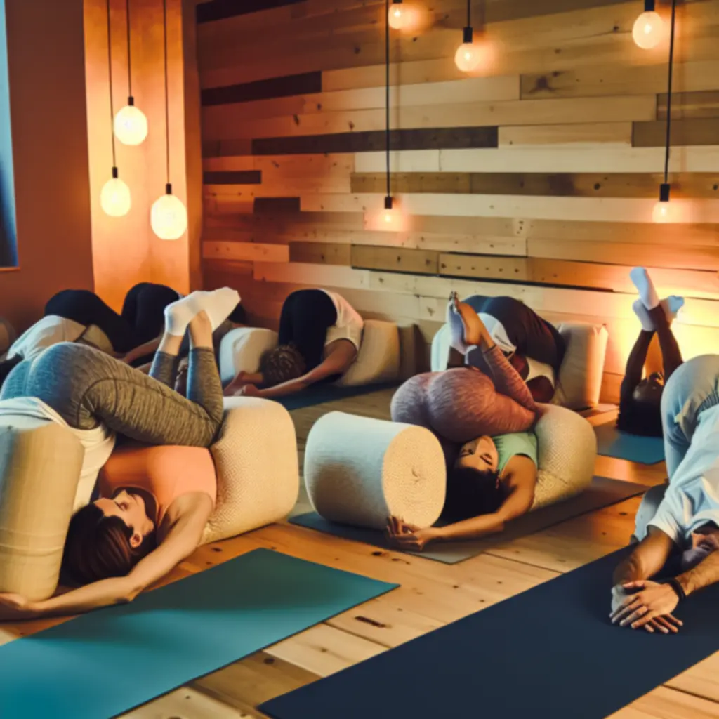 Deelnemers in een rustige restorative yin yogahouding met ondersteuning van kussens.