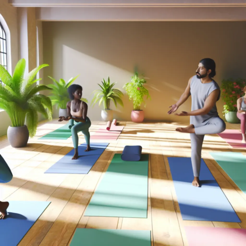 Rustige yogastudio met zachte natuurlijke verlichting en matten netjes uitgelegd.